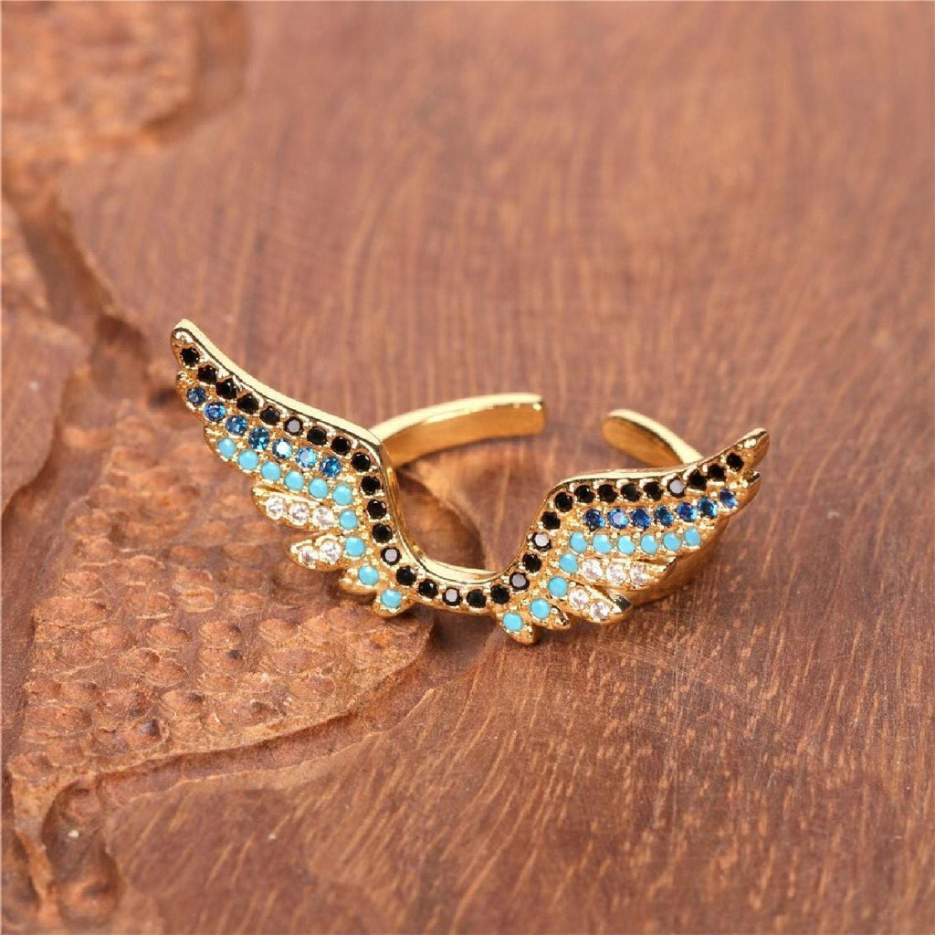 Wings Black Blue Gold Copper CZ Crystal Adjustable Band Ring Bulk
