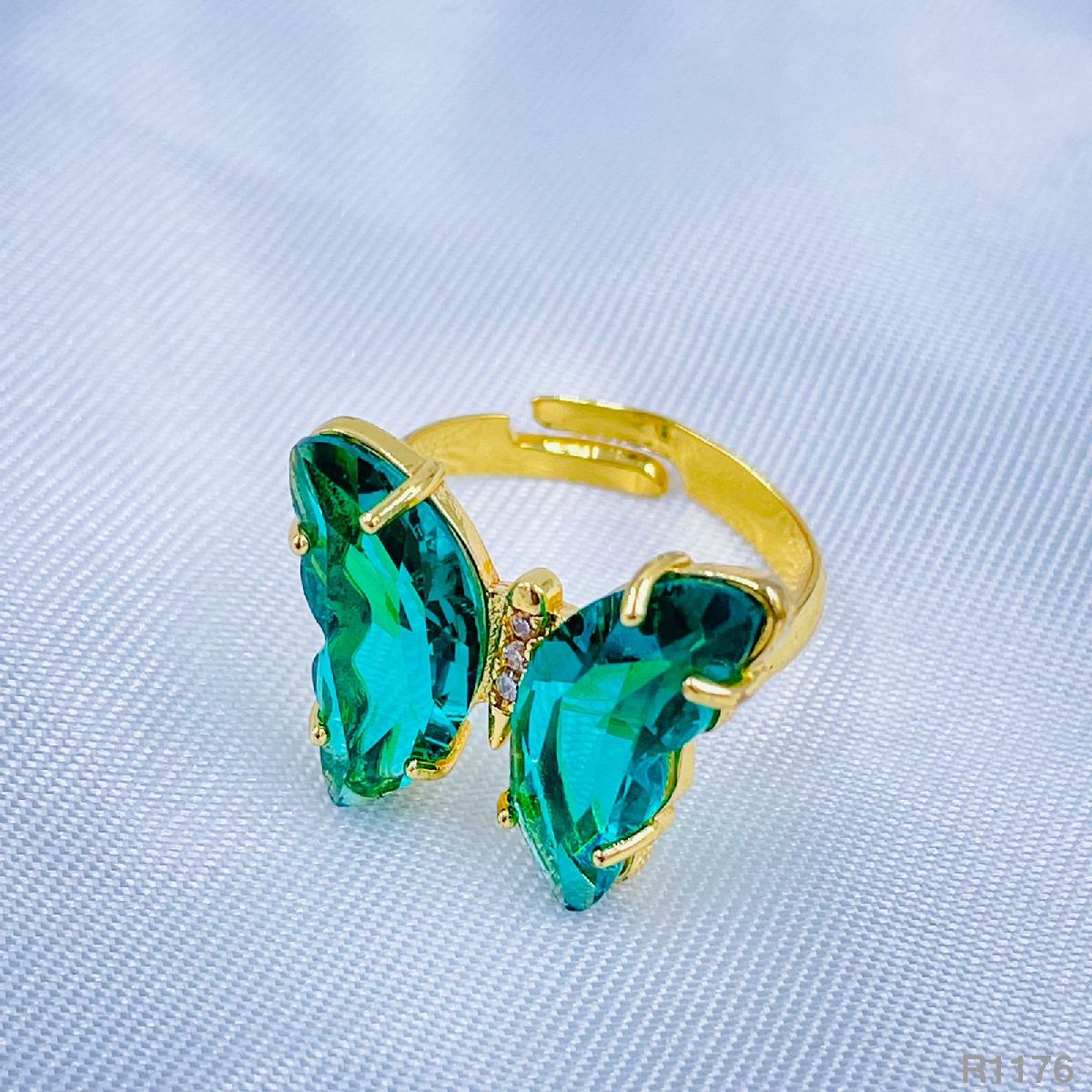 Butterfly Gold Green Copper Crystal Adjustable Ring For Women Bulk