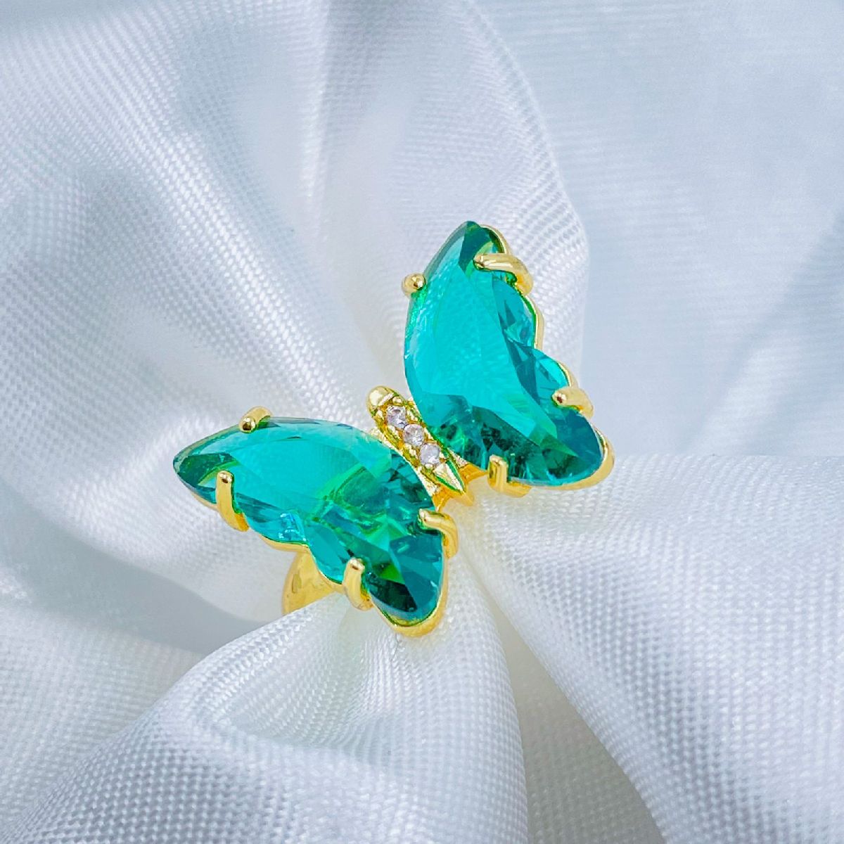 Butterfly Gold Green Copper Crystal Adjustable Ring For Women Bulk