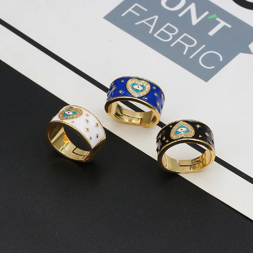 Heart Evil Eye Blue Gold American Diamond Enamel Adjustable Ring Bulk