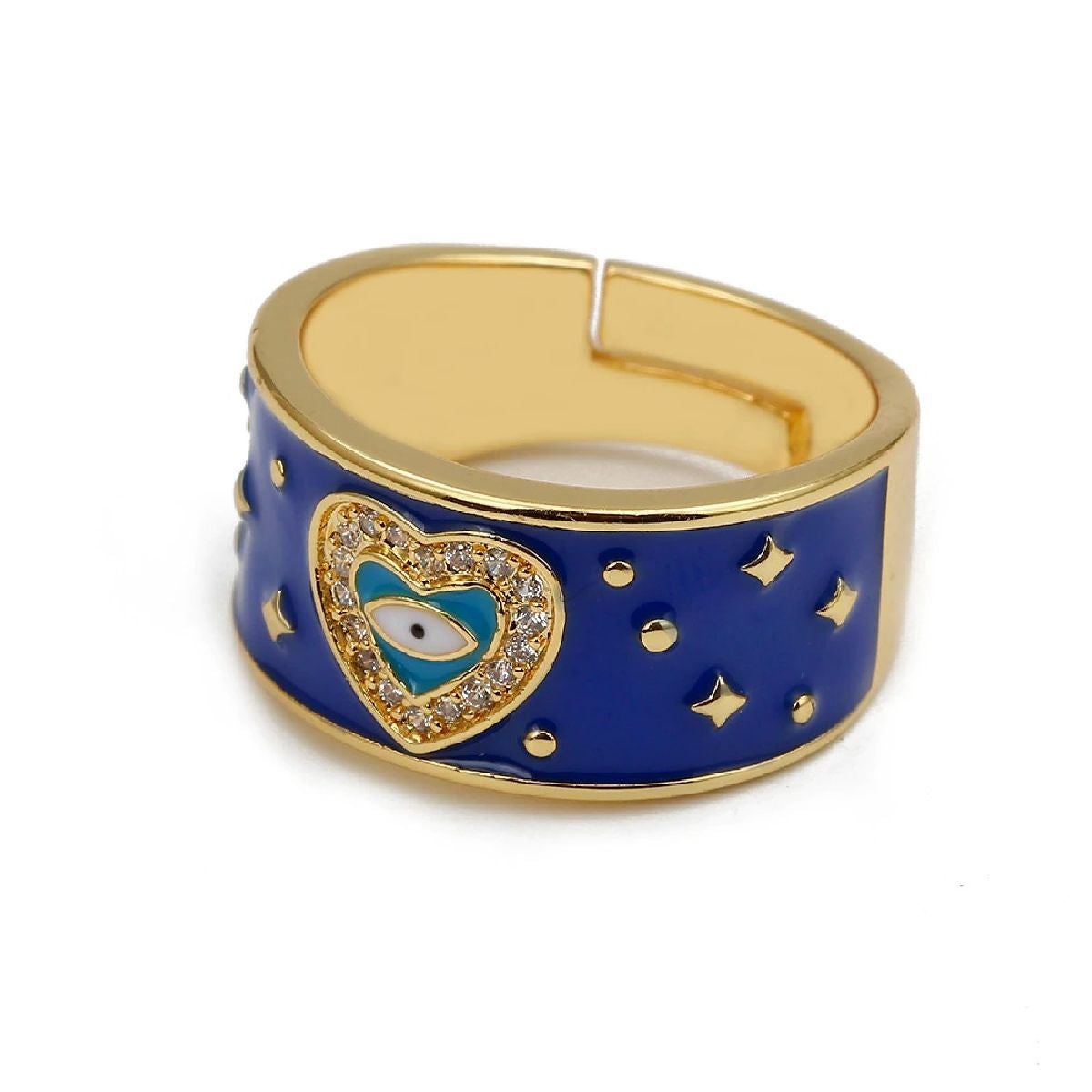 Heart Evil Eye Blue Gold American Diamond Enamel Adjustable Ring Bulk