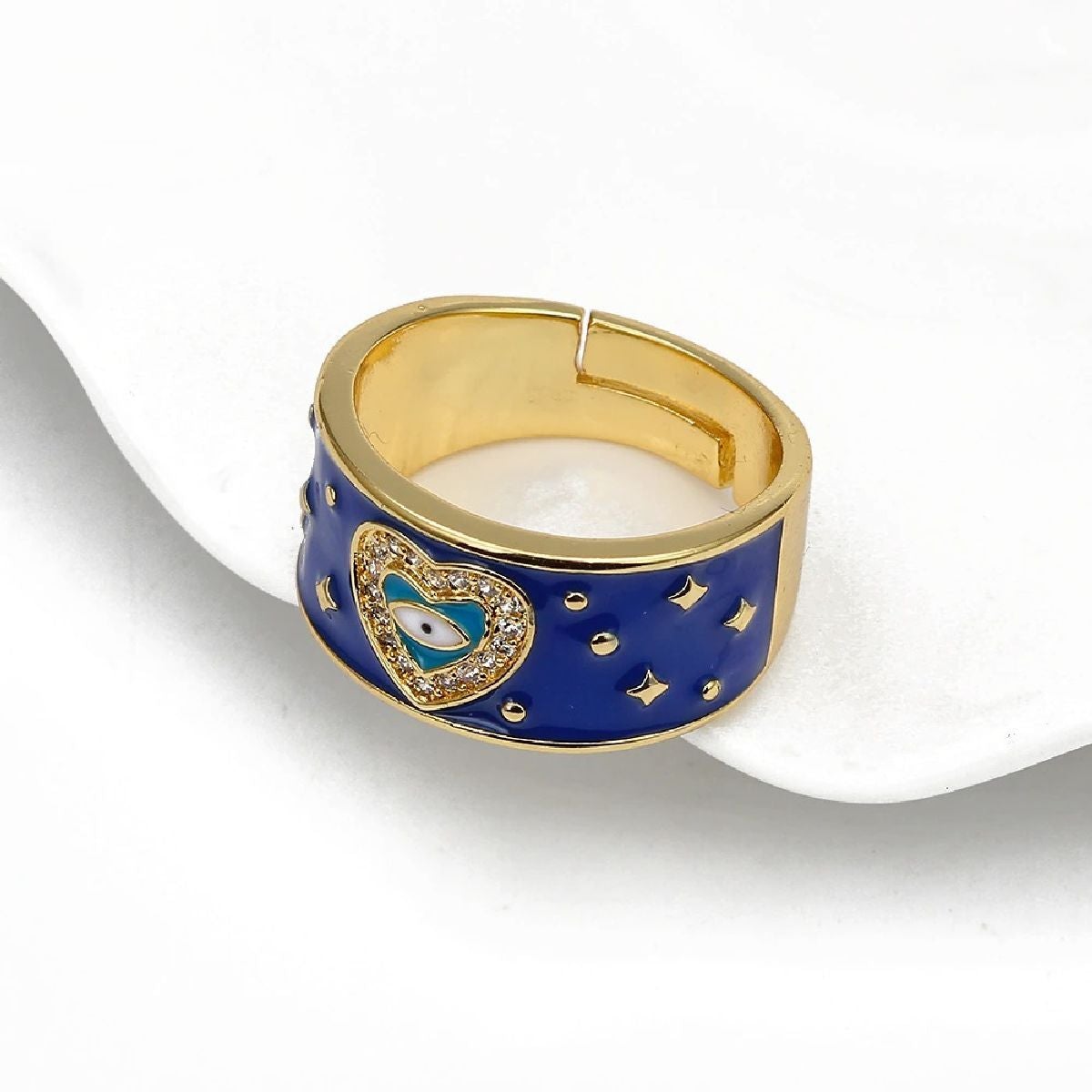 Heart Evil Eye Blue Gold American Diamond Enamel Adjustable Ring Bulk