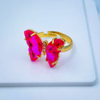 Gold Crystal Pink Butterfly Copper Free Size Adjustable Band Ring Bulk