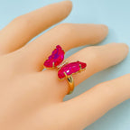 Gold Crystal Pink Butterfly Copper Free Size Adjustable Band Ring Bulk
