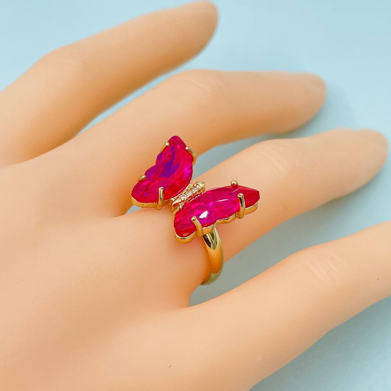Gold Crystal Pink Butterfly Copper Free Size Adjustable Band Ring Bulk