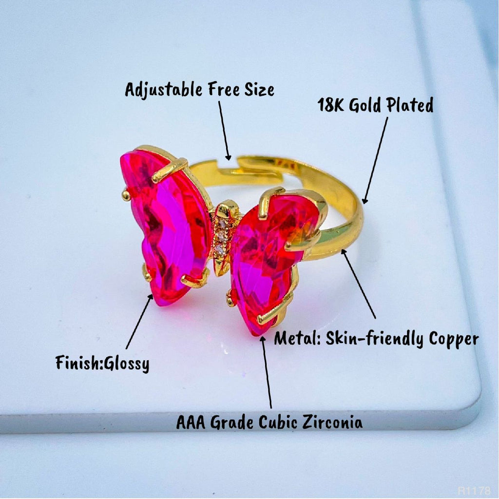 Gold Crystal Pink Butterfly Copper Free Size Adjustable Band Ring Bulk