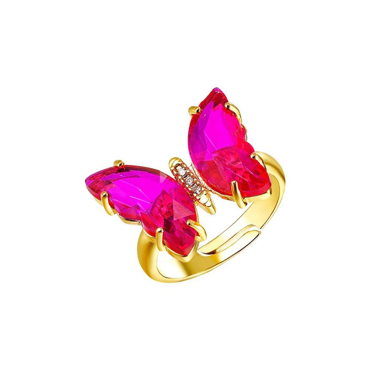 Gold Crystal Pink Butterfly Copper Free Size Adjustable Band Ring Bulk