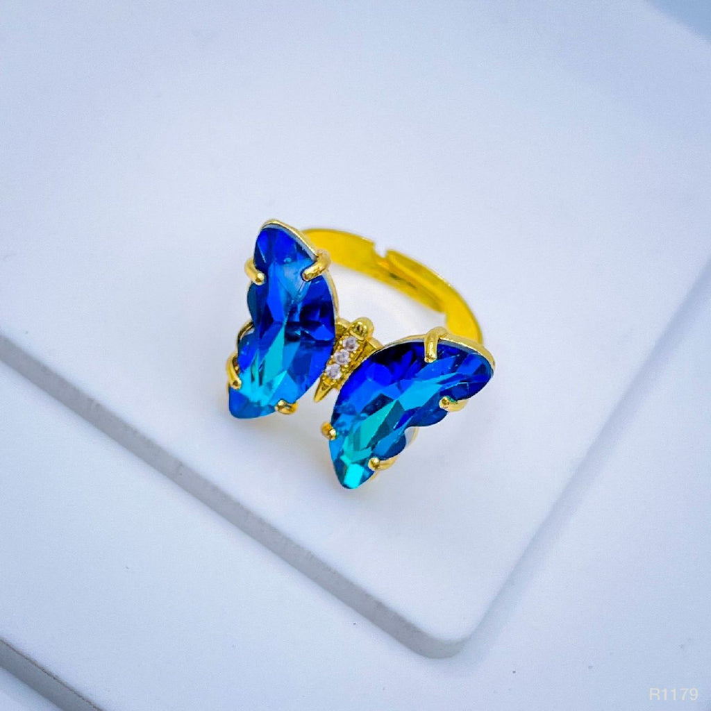 Gold Crystal Blue Butterfly Copper Free Size Adjustable Band Ring Bulk