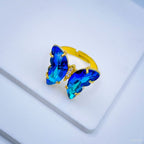Gold Crystal Blue Butterfly Copper Free Size Adjustable Band Ring Bulk