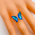 Gold Crystal Blue Butterfly Copper Free Size Adjustable Band Ring Bulk
