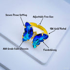 Gold Crystal Blue Butterfly Copper Free Size Adjustable Band Ring Bulk