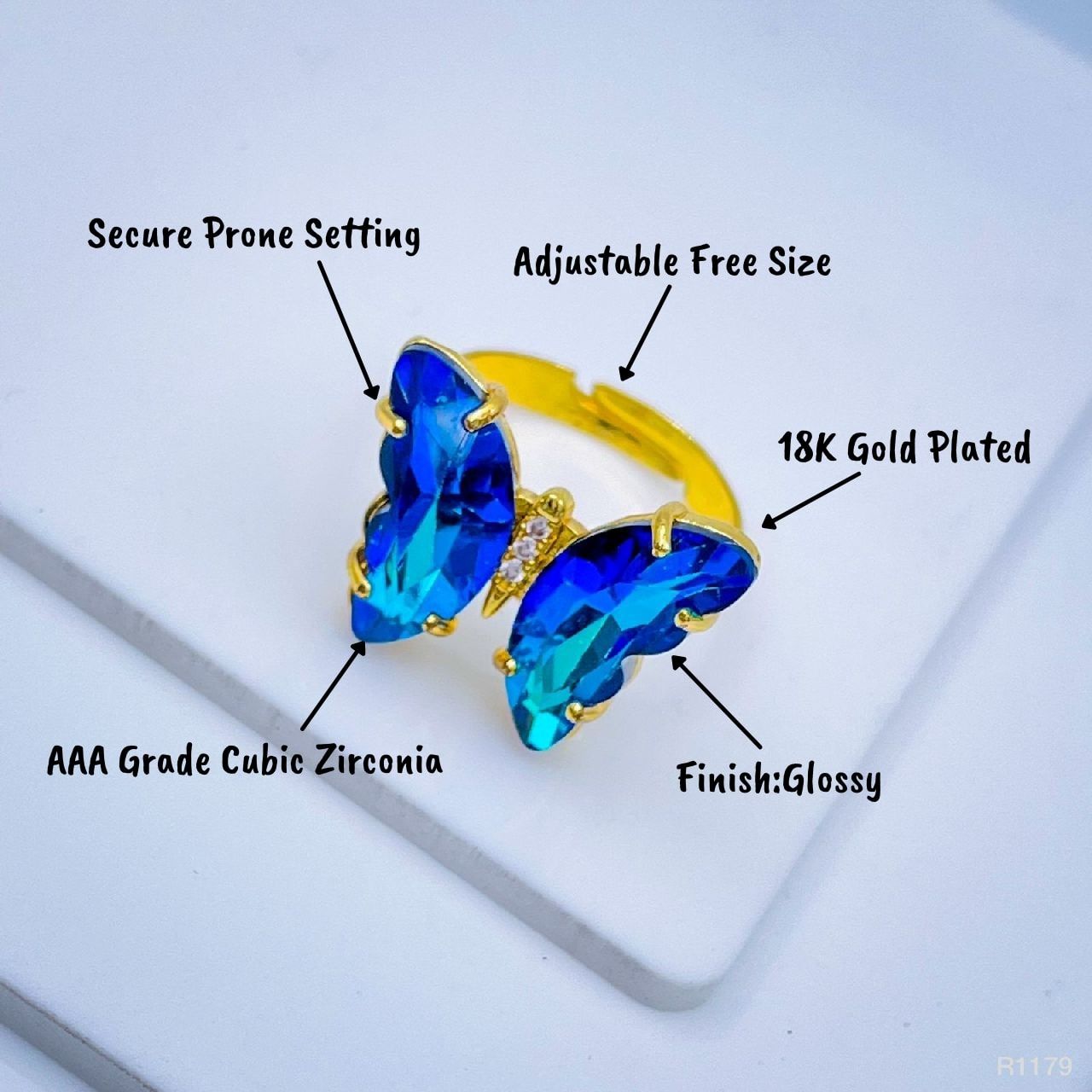 Gold Crystal Blue Butterfly Copper Free Size Adjustable Band Ring Bulk