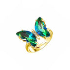 Gold Crystal Blue Butterfly Copper Free Size Adjustable Band Ring Bulk