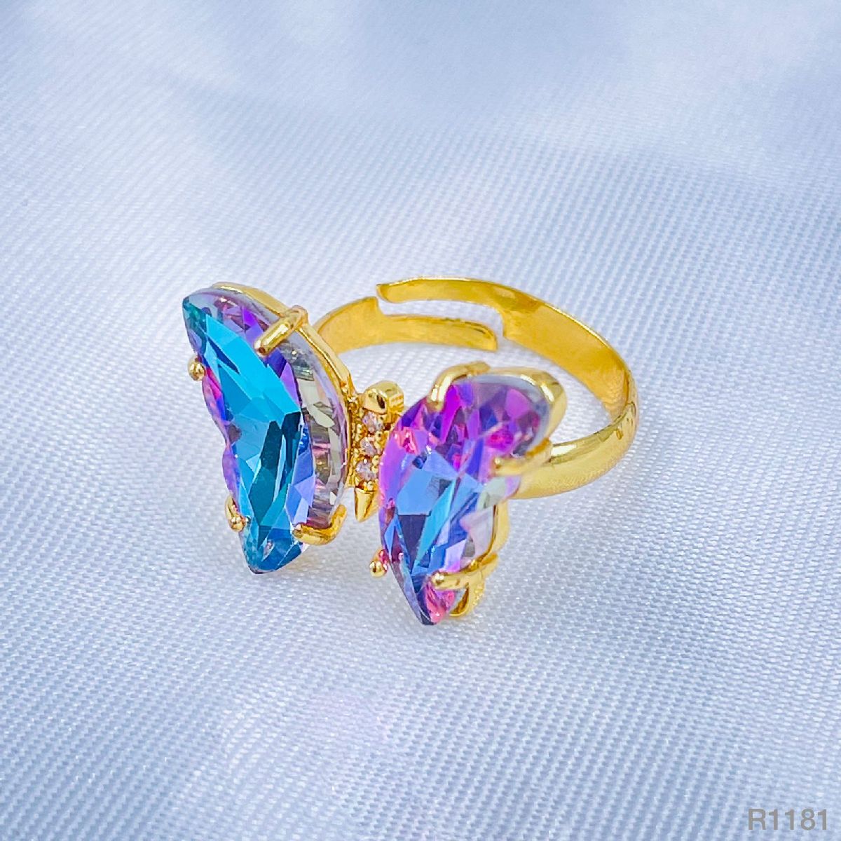 Butterfly Gold Blue Multicolour Copper Crystal Adjustable Ring Bulk