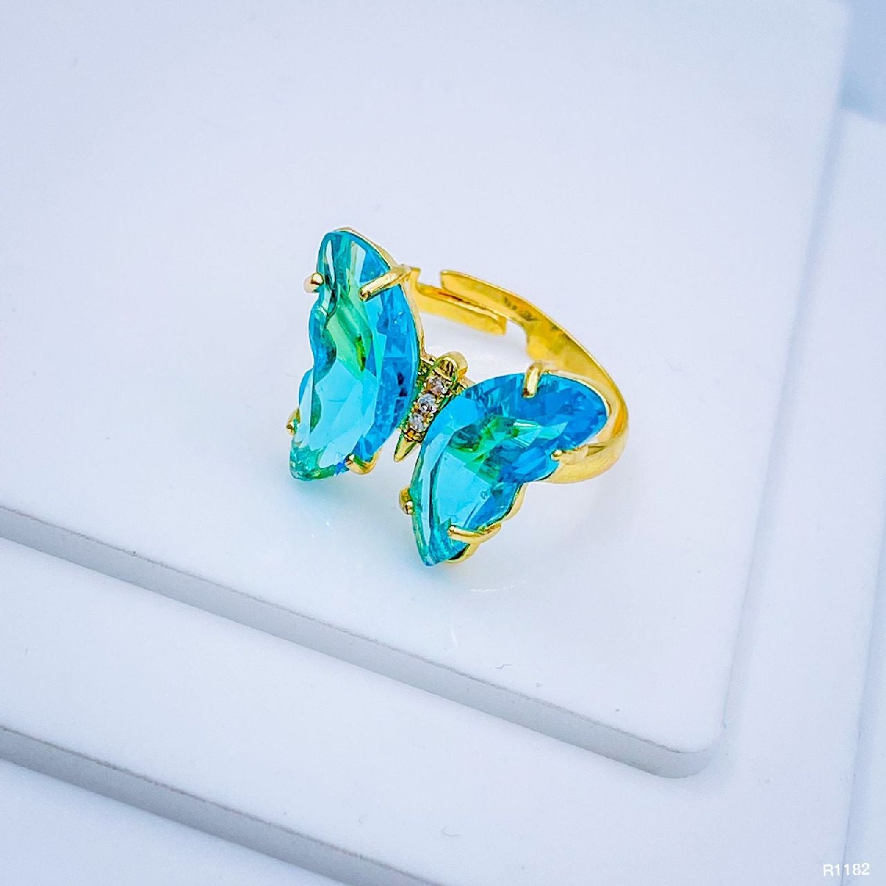 Gold Crystal Sky Blue Butterfly Copper Adjustable Band Ring Bulk