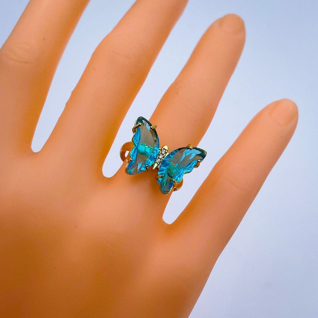 Gold Crystal Sky Blue Butterfly Copper Adjustable Band Ring Bulk