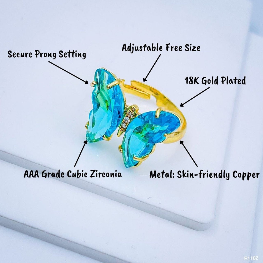 Gold Crystal Sky Blue Butterfly Copper Adjustable Band Ring Bulk