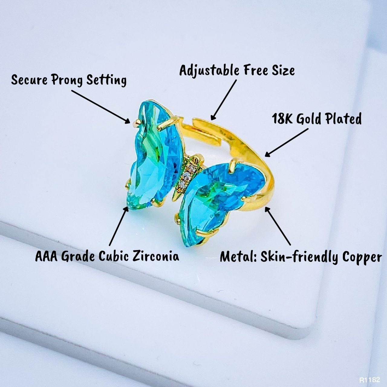 Gold Crystal Sky Blue Butterfly Copper Adjustable Band Ring Bulk