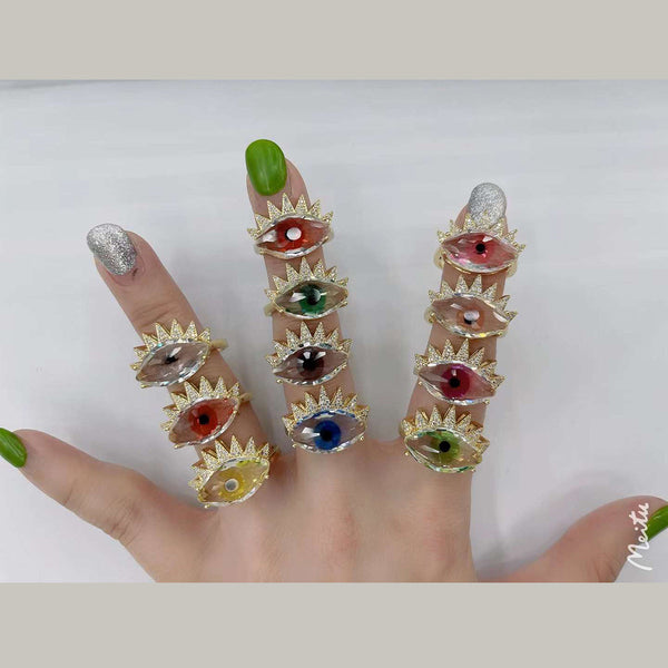 Eye Lash Evil Eye Glass Gold Green American Diamond Band Ring Bulk Main image