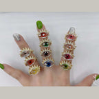Eye Lash Evil Eye Glass Gold Green American Diamond Band Ring Bulk