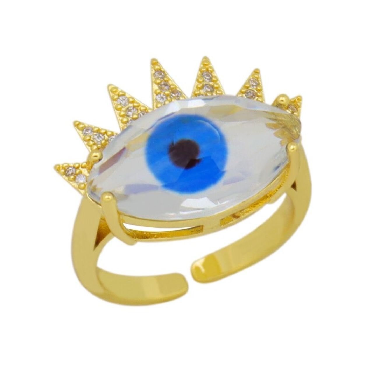 Eye Lash Evil Eye Glass Gold Green American Diamond Band Ring Bulk