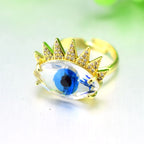 Eye Lash Evil Eye Glass Gold Green American Diamond Band Ring Bulk