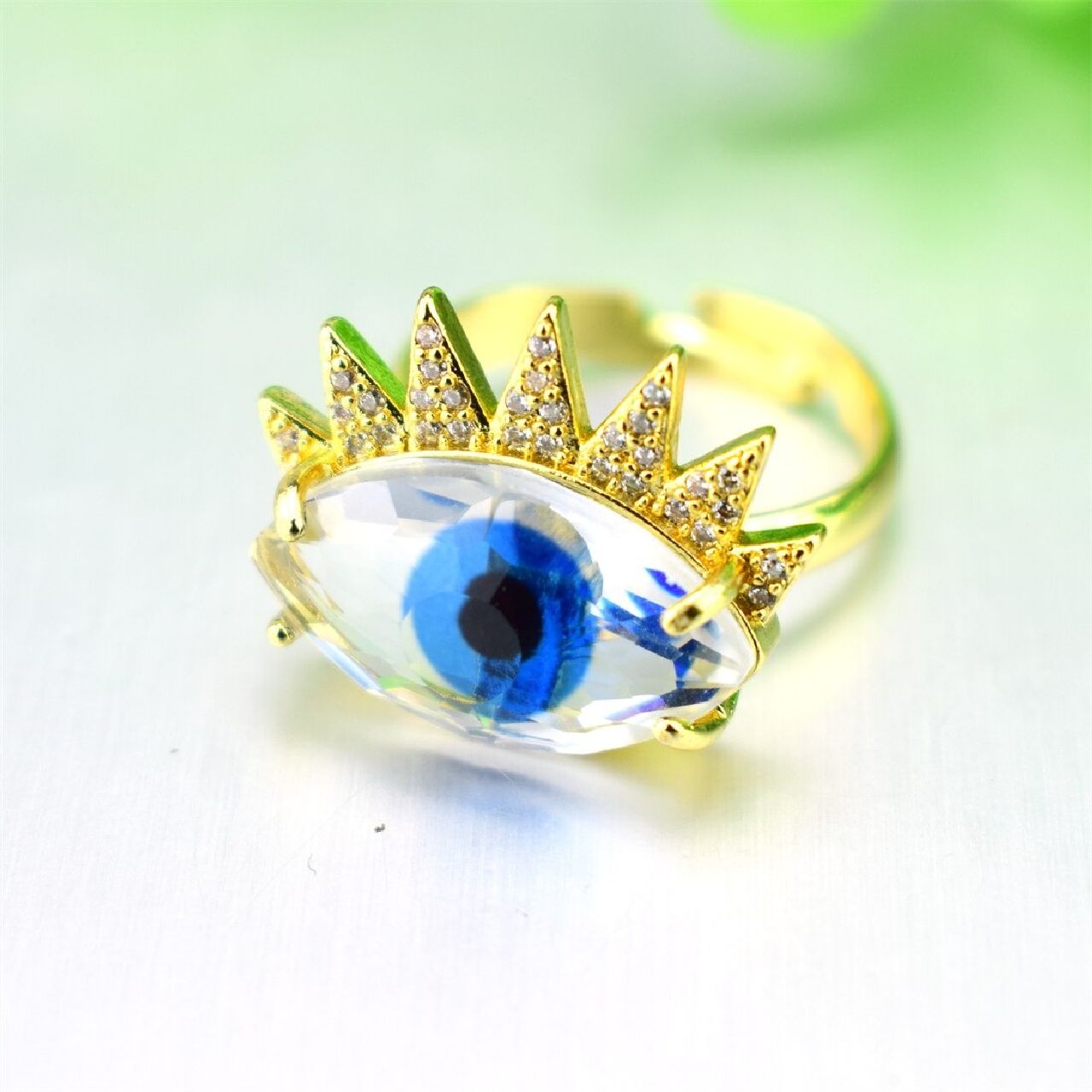 Eye Lash Evil Eye Glass Gold Green American Diamond Band Ring Bulk