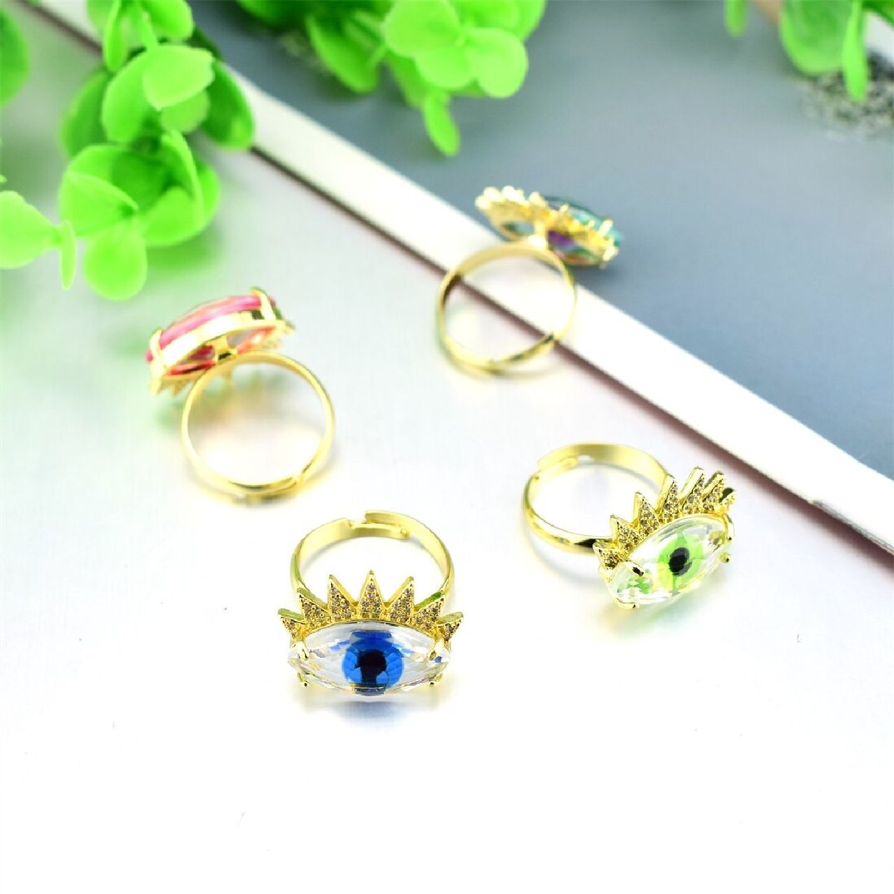 Eye Lash Evil Eye Glass Gold Green American Diamond Band Ring Bulk