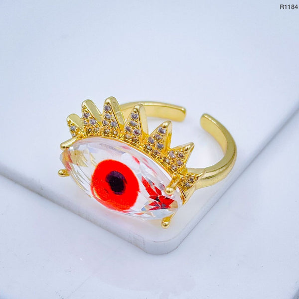 Eye Lash Evil Eye Glass Gold Green American Diamond Band Ring Bulk Secondary image