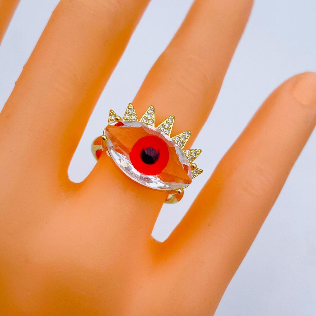 Eye Lash Evil Eye Glass Gold Green American Diamond Band Ring Bulk