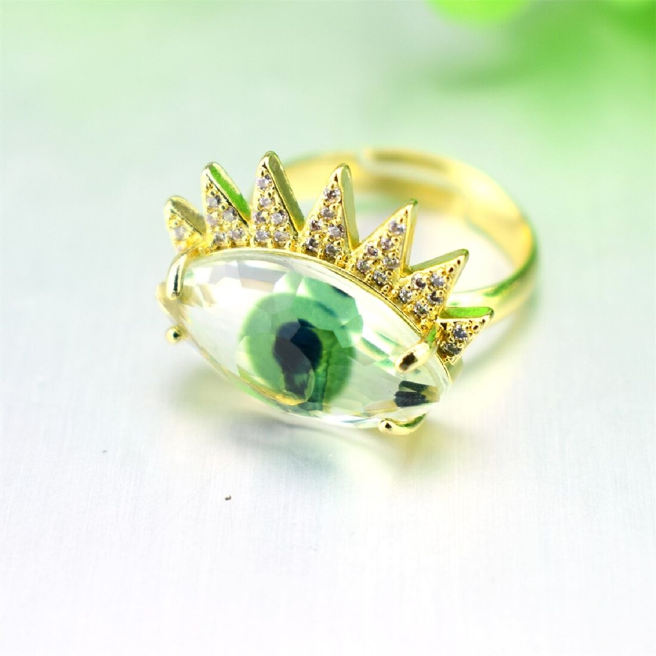 Eye Lash Evil Eye Glass Gold Green American Diamond Band Ring Bulk