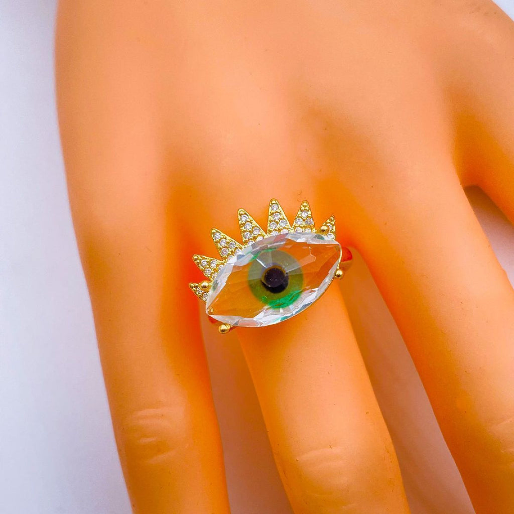 Eye Lash Evil Eye Glass Gold Green American Diamond Band Ring Bulk