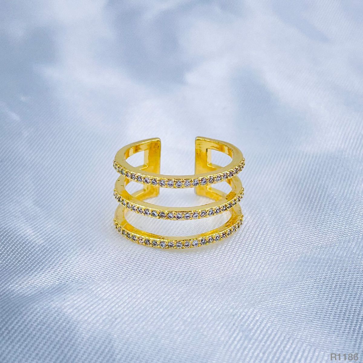 Triple Cubic Zirconia Line Gold Copper Adjustable Ring For Women Bulk