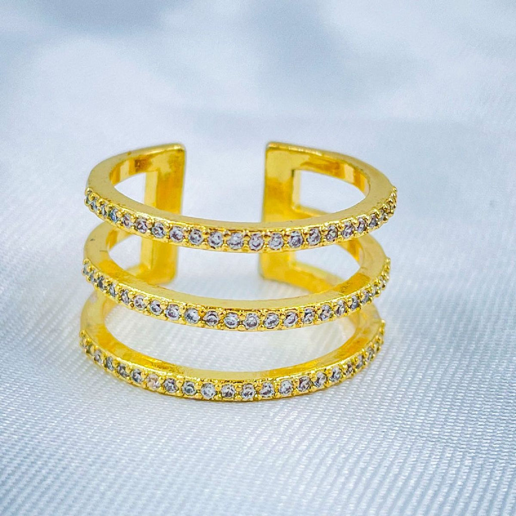 Triple Cubic Zirconia Line Gold Copper Adjustable Ring For Women Bulk
