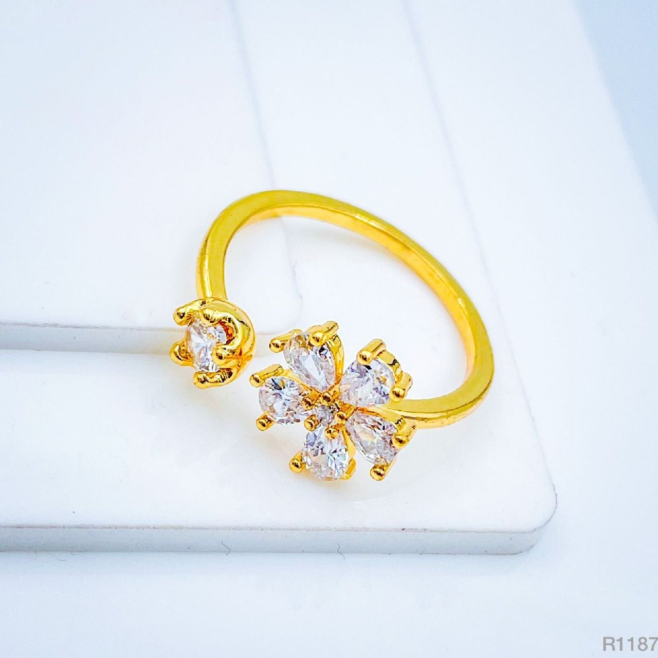 Gold CZ Crystal Flower Copper Free Size Adjustable Band Ring Bulk Main image