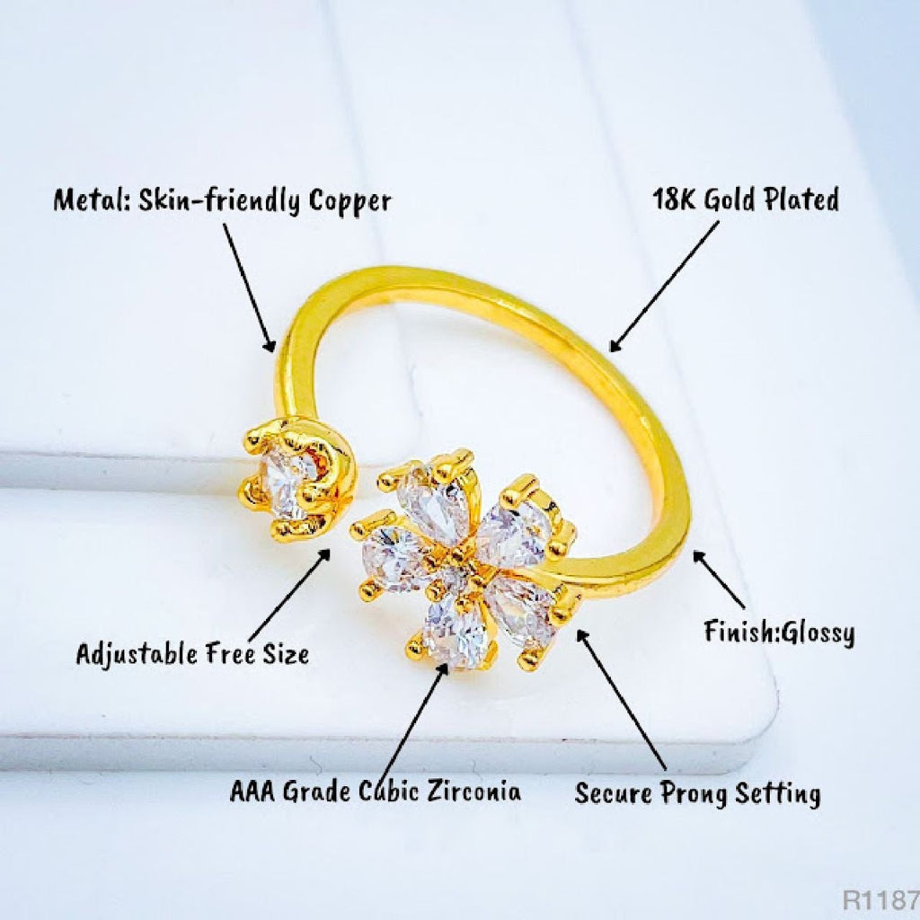 Gold CZ Crystal Flower Copper Free Size Adjustable Band Ring Bulk