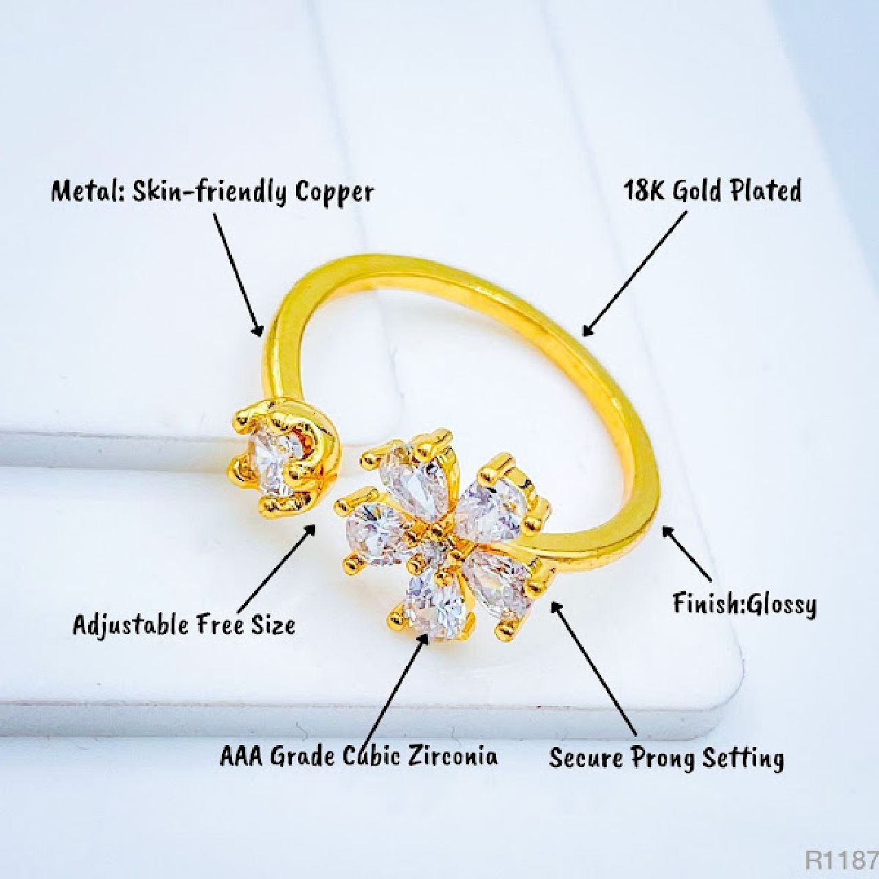 Gold CZ Crystal Flower Copper Free Size Adjustable Band Ring Bulk