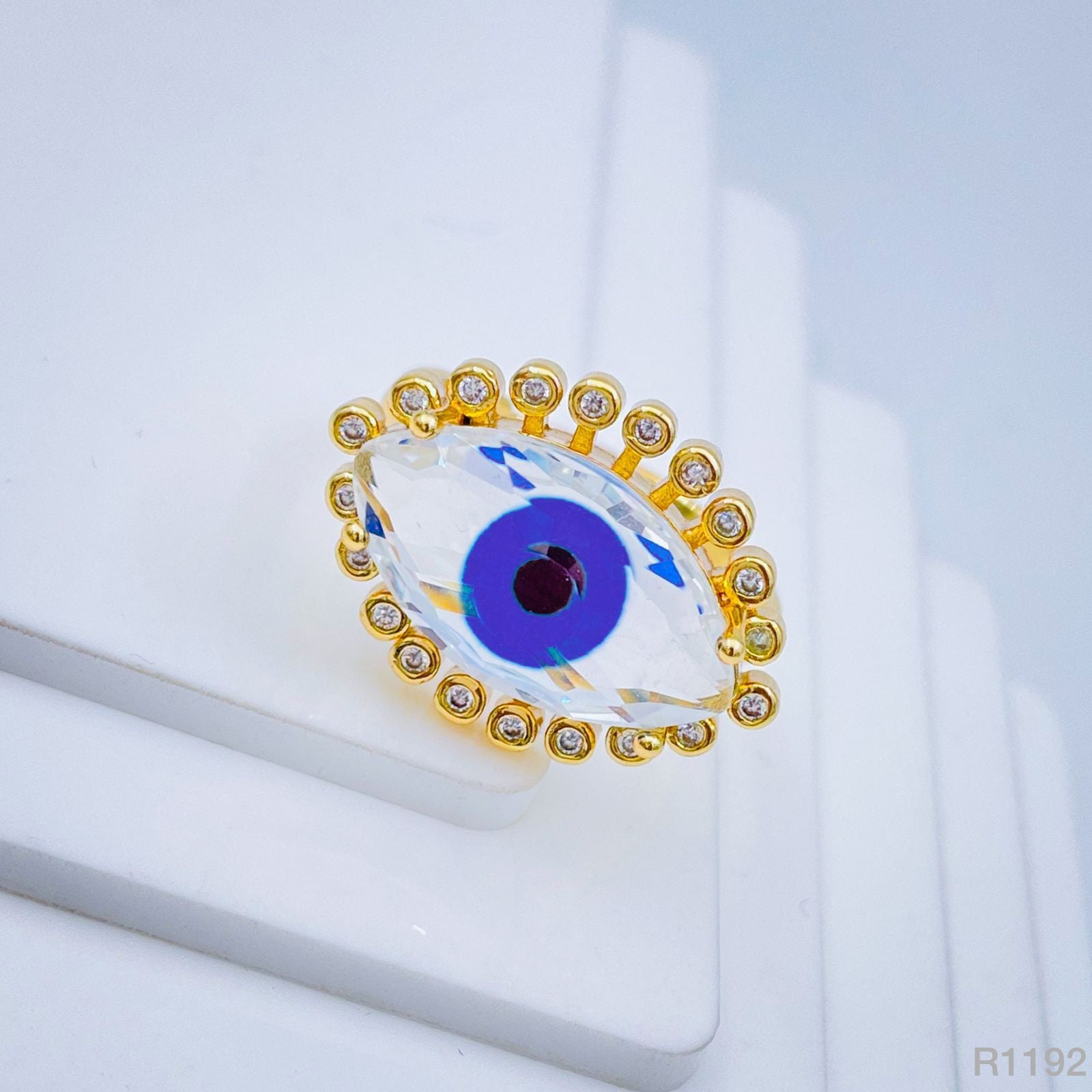 Eyelash Evil Eye Blue Gold Glass Cubic Zirconia Adjustable Ring Bulk Main image