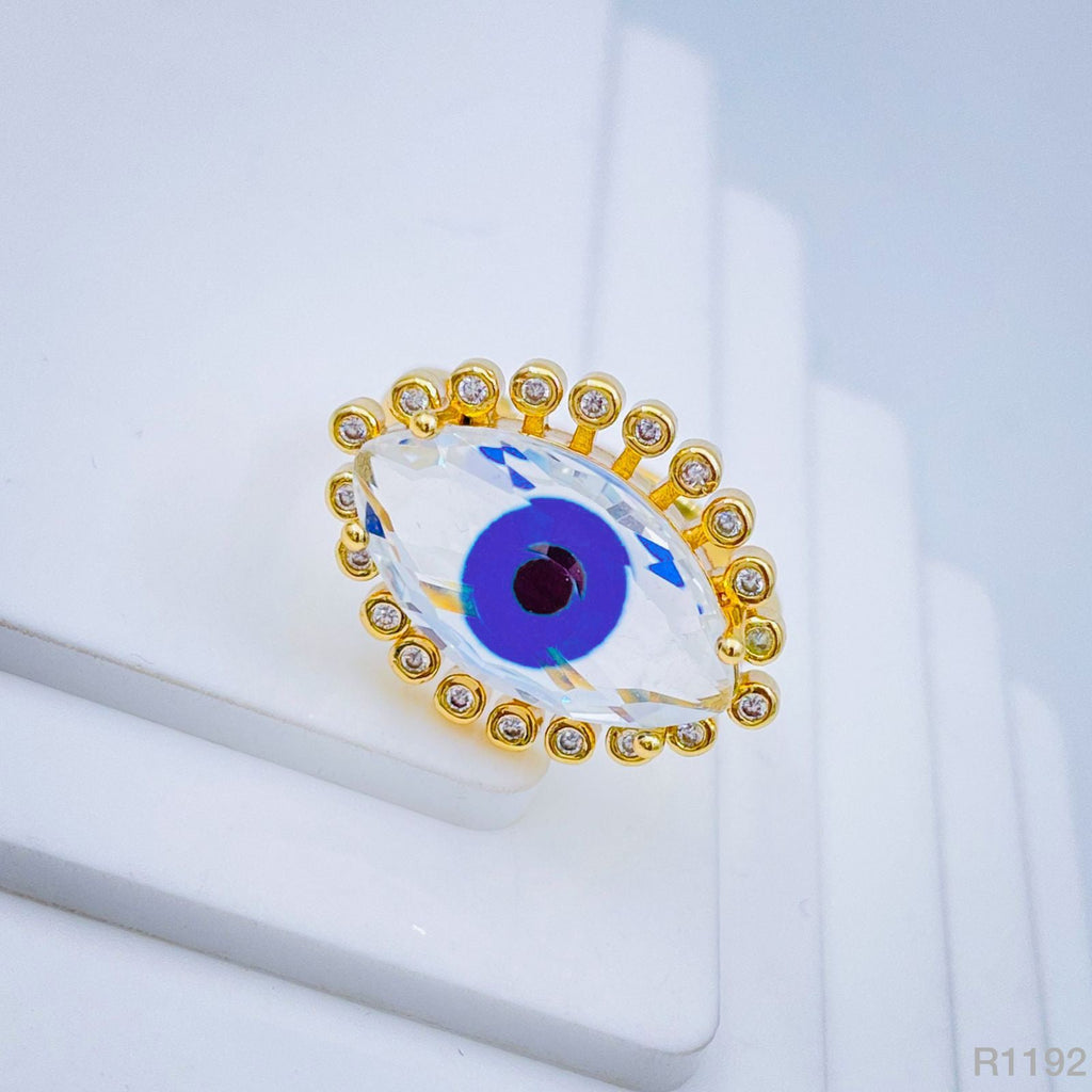 Eyelash Evil Eye Blue Gold Glass Cubic Zirconia Adjustable Ring Bulk