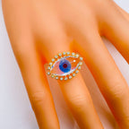 Eyelash Evil Eye Blue Gold Glass Cubic Zirconia Adjustable Ring Bulk