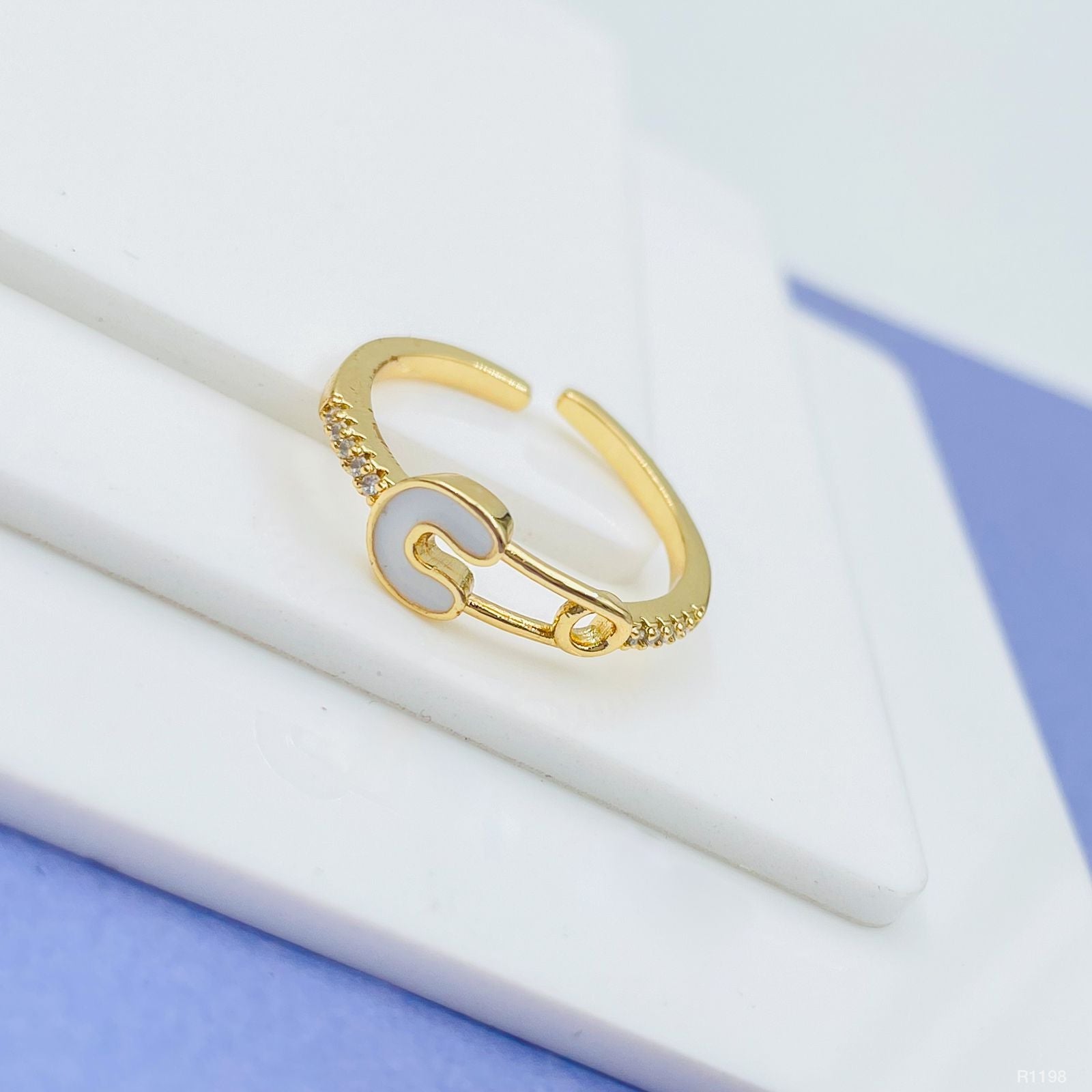 Safety Pin Gold White Enamel Copper Adjustable Band Ring Women Bulk