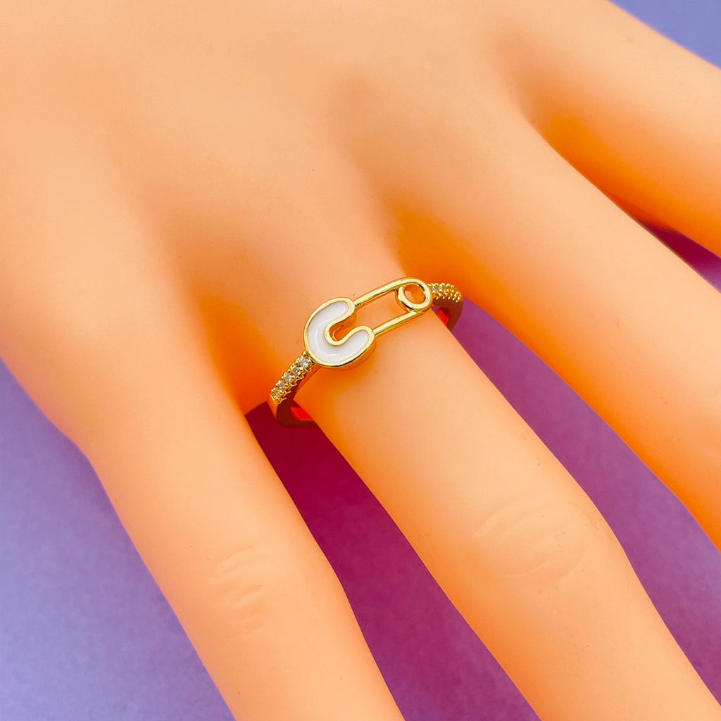 Safety Pin Gold White Enamel Copper Adjustable Band Ring Women Bulk
