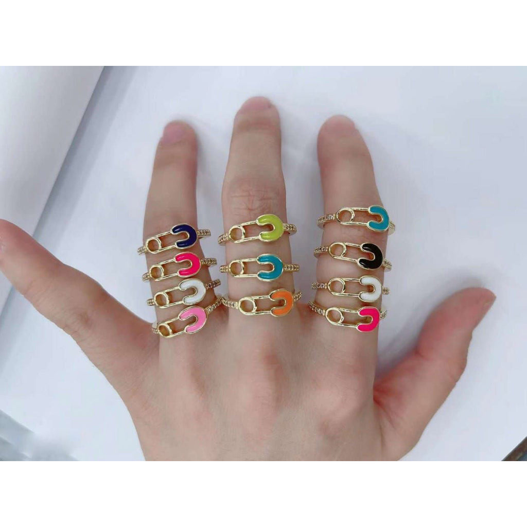 Safety Pin Gold White Enamel Copper Adjustable Band Ring Women Bulk