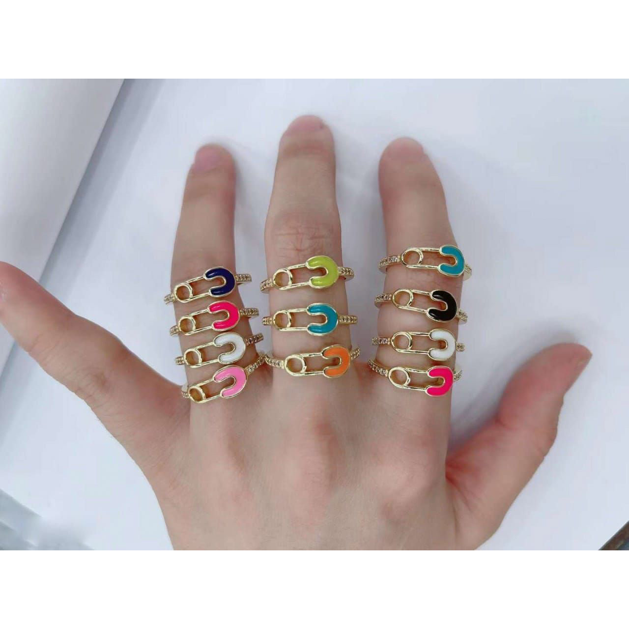 Safety Pin Gold White Enamel Copper Adjustable Band Ring Women Bulk