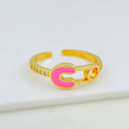 Safety Pin Gold White Enamel Copper Adjustable Band Ring Women Bulk