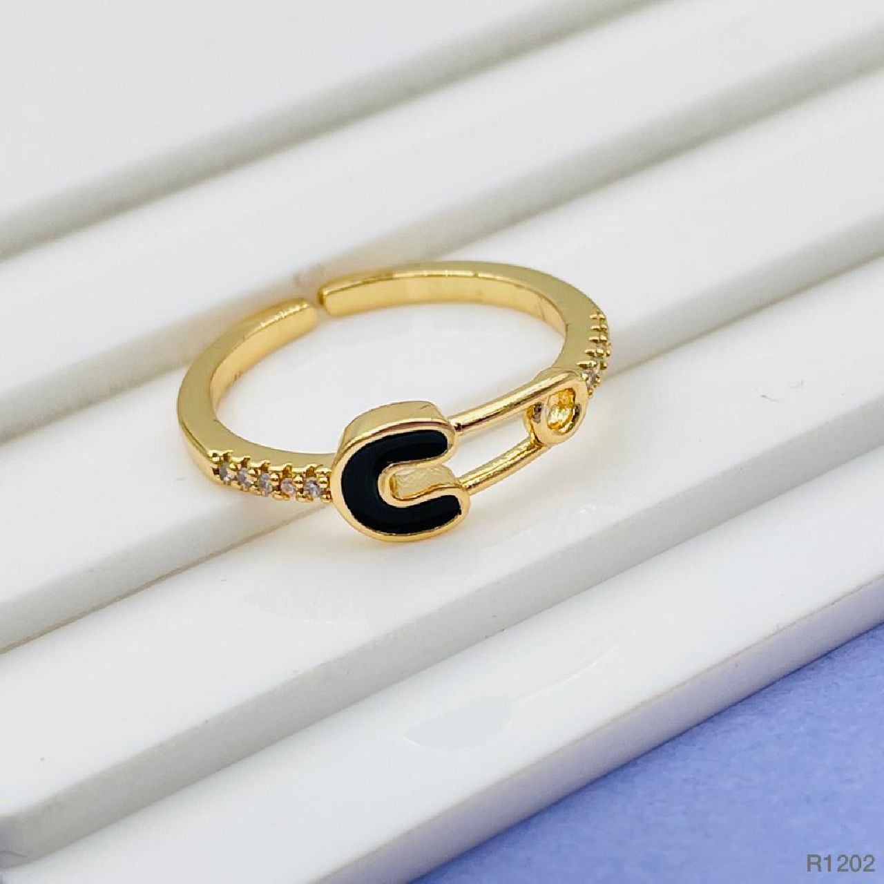 Safety Pin Gold White Enamel Copper Adjustable Band Ring Women Bulk