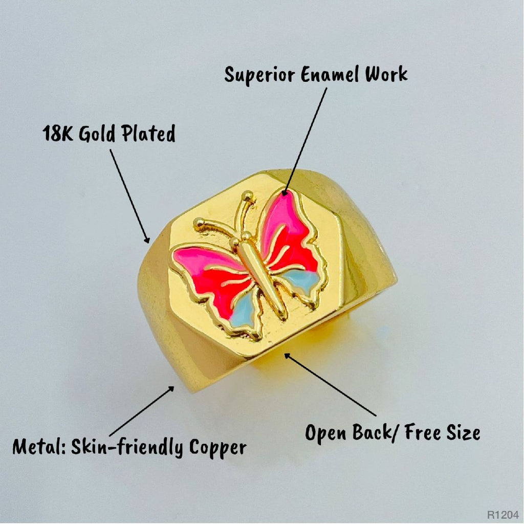 Copper Enamel Pink Gold Butterfly Free Size Adjustable Ring Women Bulk