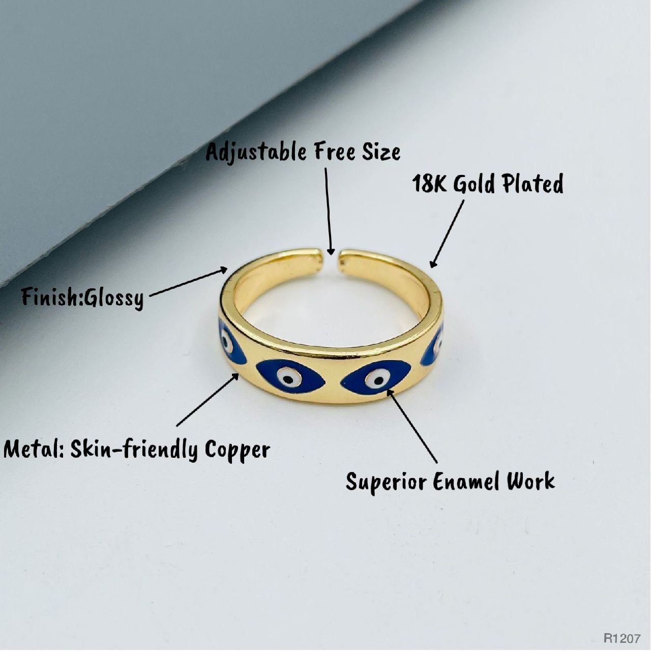 Gold Enamel Blue Evil Eye Copper Free Size Adjustable Band Ring Bulk