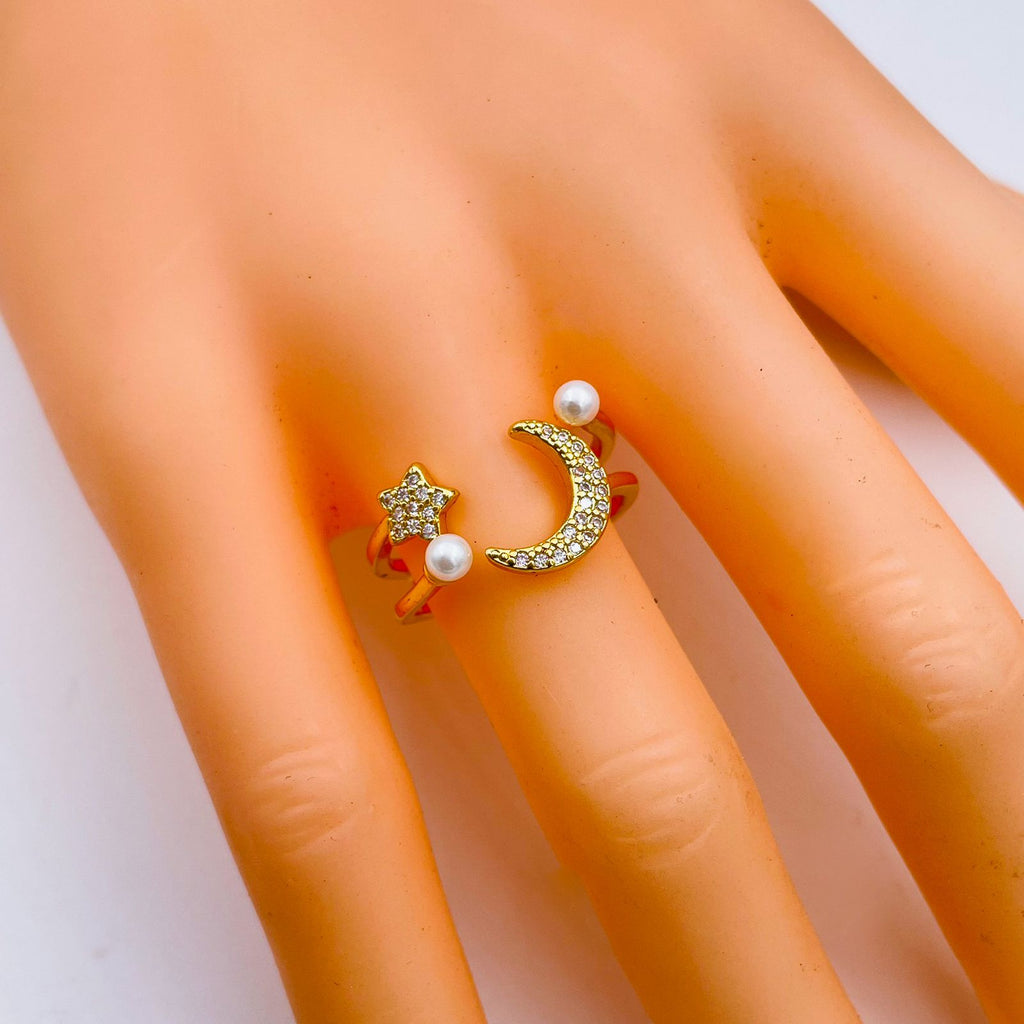 Sun Moon Star Pearl American Diamond Gold Adjustable Ring Women Bulk