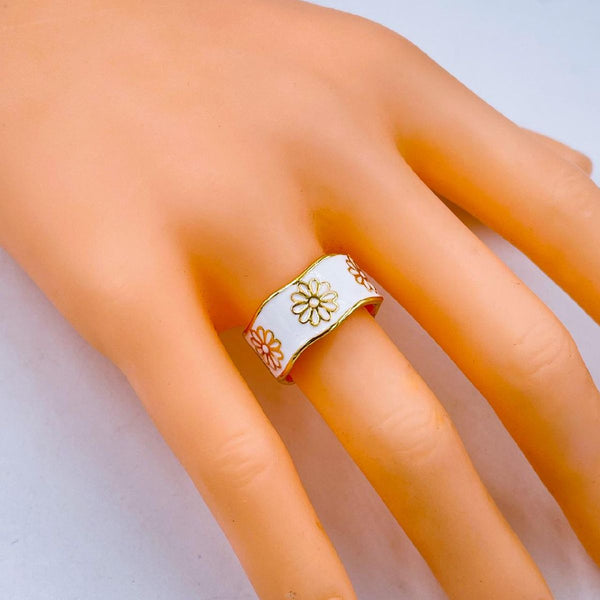 Copper Enamel Gold White Flower Adjustable Band Ring For Women Bulk Secondary image
